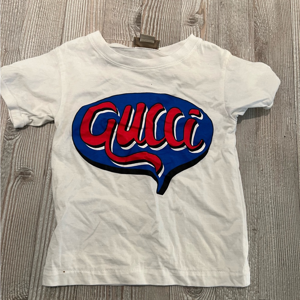 Gucci Kids White Short Sleeve Tee with Blue and Red Logo